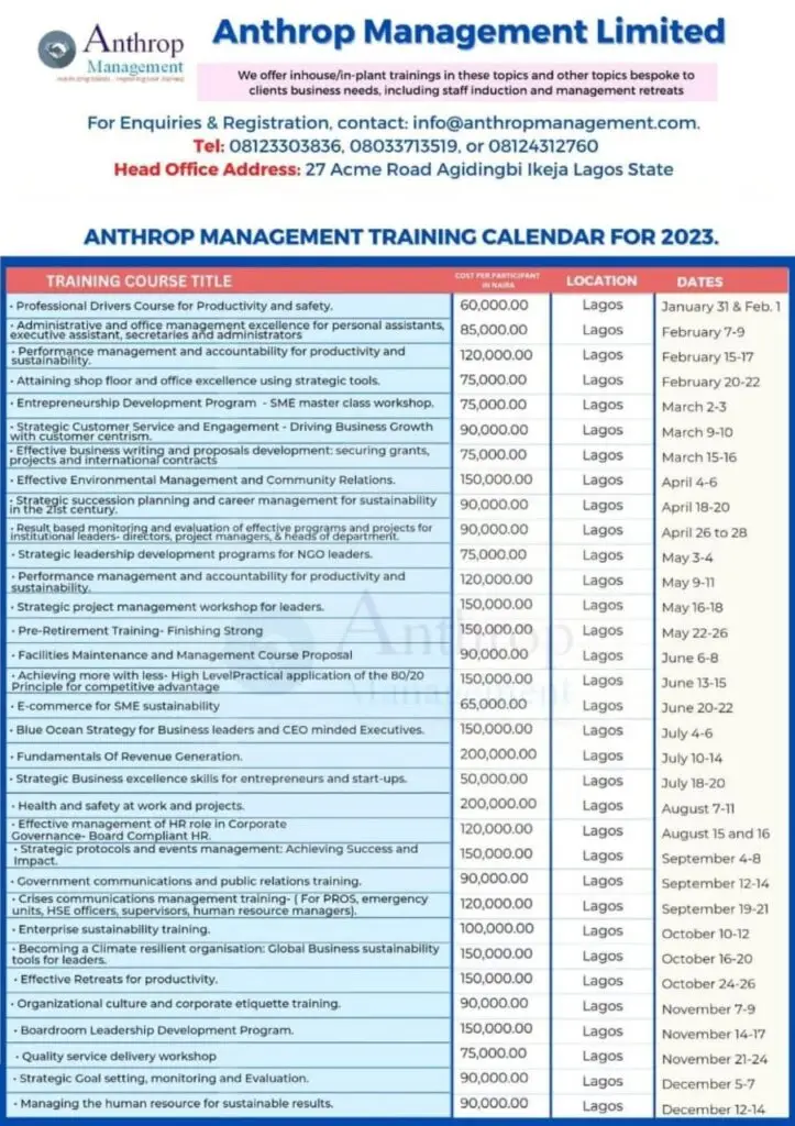 2023 training Calendar